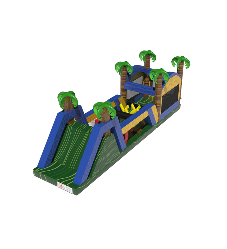Parco Giochi Gonfiabile Tropicale: Un Divertente Percorso a Ostacoli a Tema Giungla con Palma